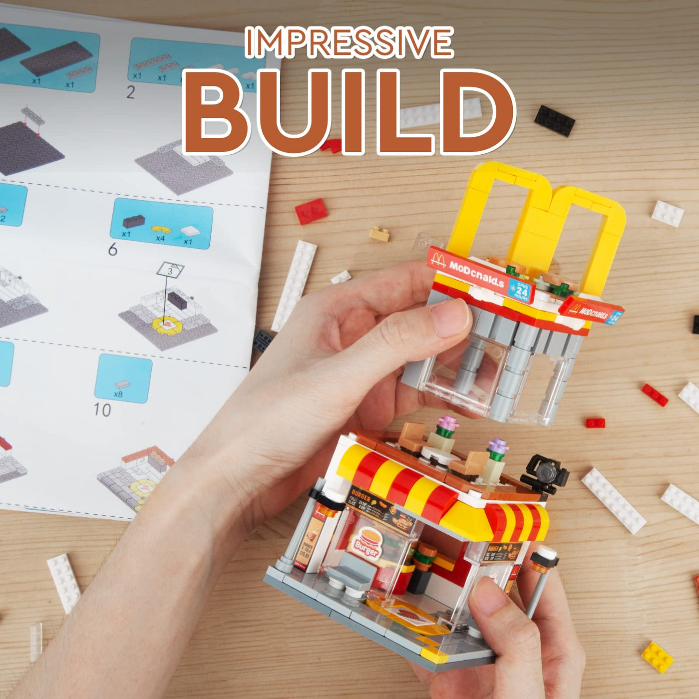 HIGH GODO City BurgerLaden Straßenansicht Architecture Bausteine, 243 Stüke Creative Friends Burger Geschäft Klemmbausteine Set, Lustiges Ostern Geschenk für Kinder Jungen Mädchen ab 6 Jahren