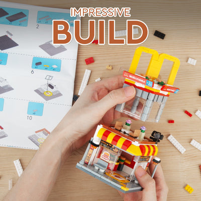 HIGH GODO City BurgerLaden Straßenansicht Architecture Bausteine, 243 Stüke Creative Friends Burger Geschäft Klemmbausteine Set, Lustiges Ostern Geschenk für Kinder Jungen Mädchen ab 6 Jahren