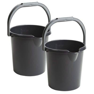 2X Eimer mit Ausguss und Henkel - 10 Liter - schwarz - Putzeimer Haushalt Küche Bad Camping Kunststoff Eimer Haushaltseimer Wassereimer