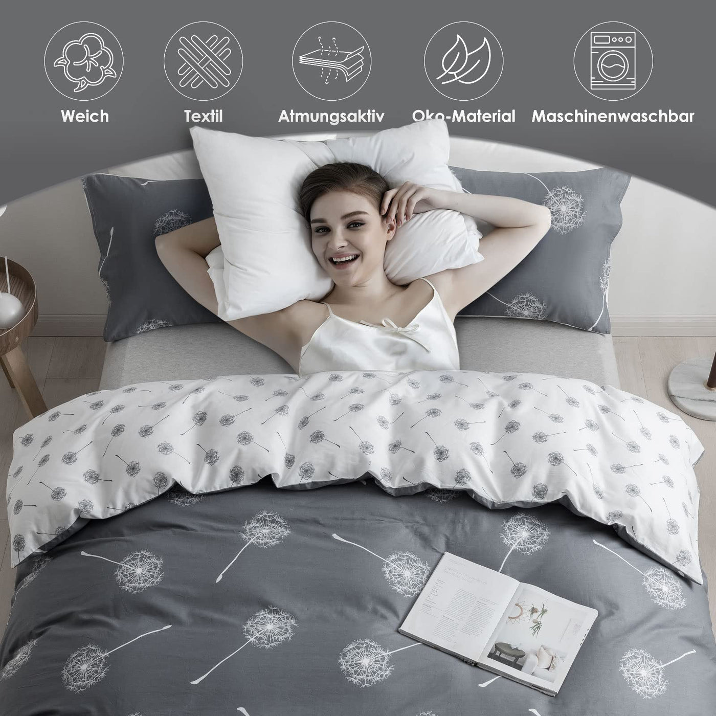 KEAYOO Bettwäsche 135x200 Grau Weiß Wendebettwäsche Pusteblume Muster 100% Baumwolle für Sommer bis Winter Soft Touch mit Reißverschluss 4teilig Set