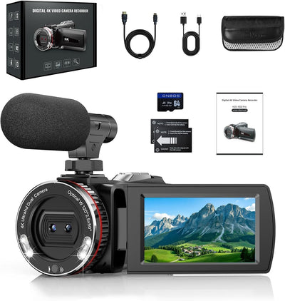 ZIMOCE Videokamera 4K Camcorder, 21X Digital Zoom Vlogging Kamera, 64MP Vlog Kamera für YouTube, 3.0'' 270°Drehbarer Screen Camcorder 4K mit 64 GB Karte, Externem Mikrofon, 2 Batterien
