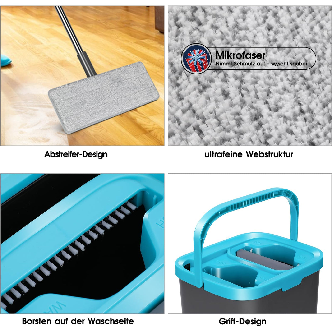 MASTERTOP Wischmopp Set mit Eimer, Bodenwischer Set mit 6 Mikrofaser Wischpads und Edelstahlgriff, 2 in 1 Putzeimer mit Wischmop, Wischer mit Auswringfunktionfür Alle Bodentypen, Grau+Blau