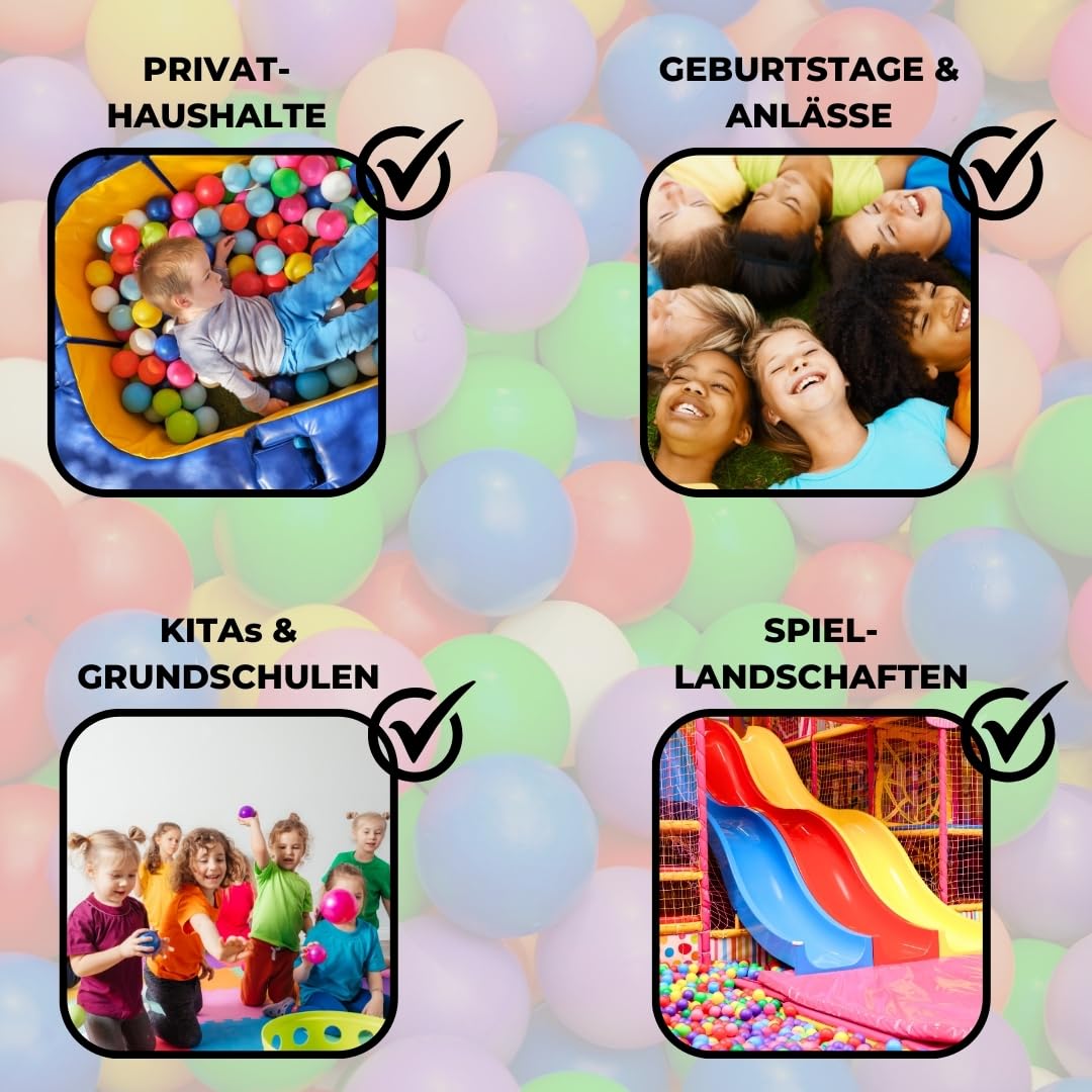 EKNA Spielbälle Ø 5,5cm - Bällebad Bälle 200 Stück - Bunte Auswahl für Bällebad-Pool - Plastikbälle Baby-Bälle Farben Hellgrün Hellblau Gelb Rosa Weiß Lila