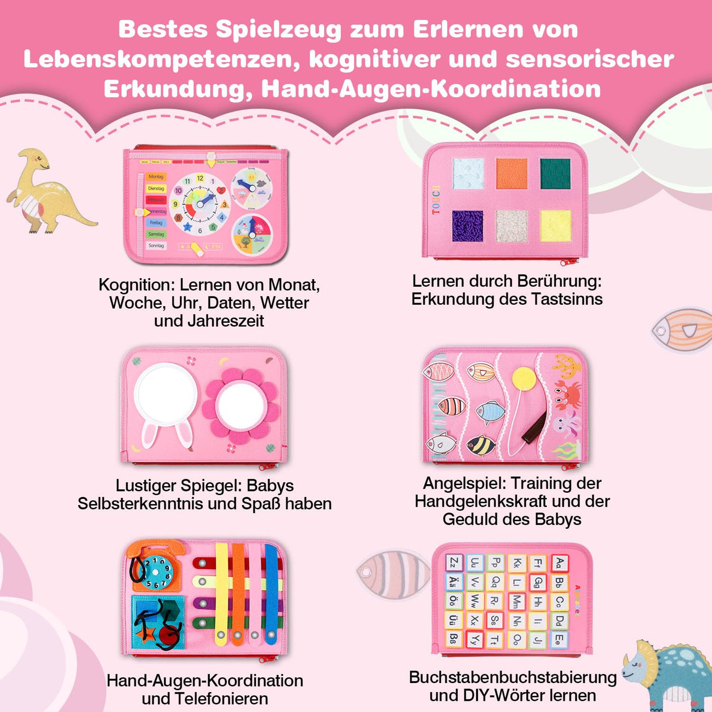 JHkim Busy Board Deutsch Montessori Spielzeug ab 1 2 3 4 Jahre, Jungen & Mädchen, Kinder Sensorik Geschenk, Activity Board Lernspielzeug, Motorikspielzeug für Reise Auto & Flugzeug