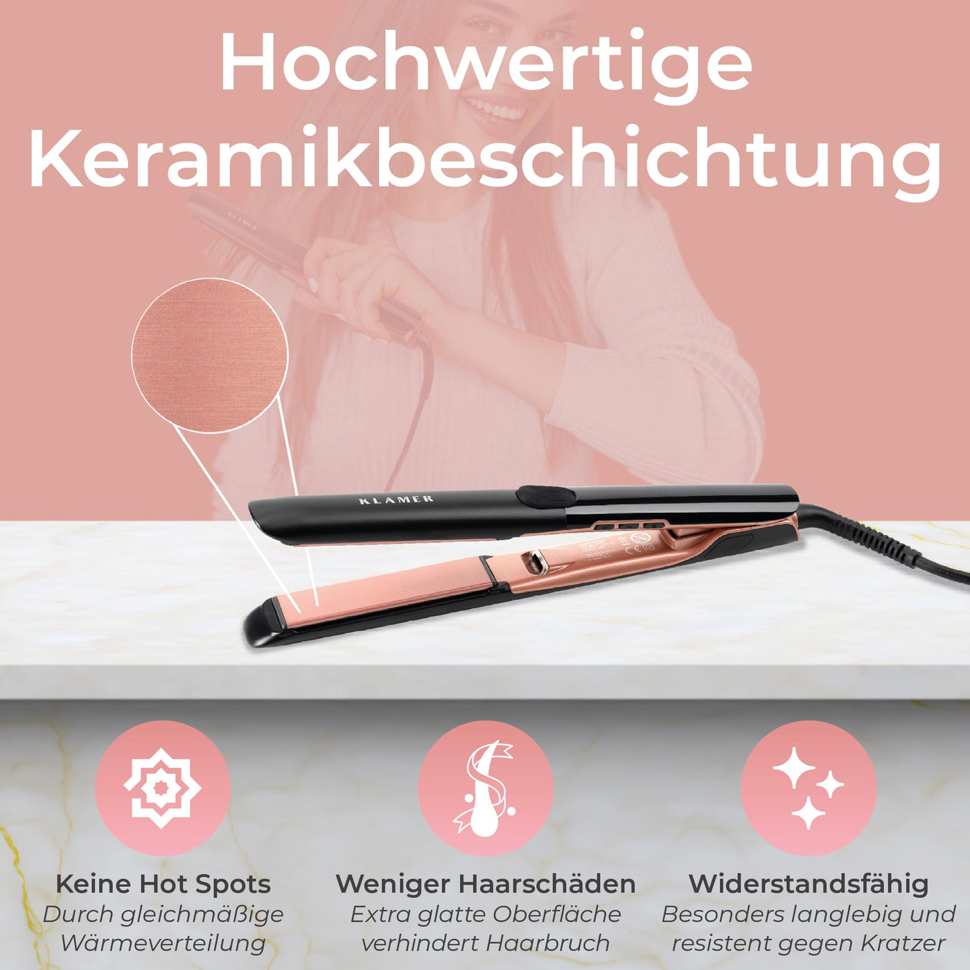 KLAMER Glätteisen 2 in 1,Haarglätter mit Ionen Technologie: weniger Frizz & statische Aufladung, Premium Keramik Beschichtung, 20s Schnellaufheizung, LCD-Display, 160°C -260°C, rosé