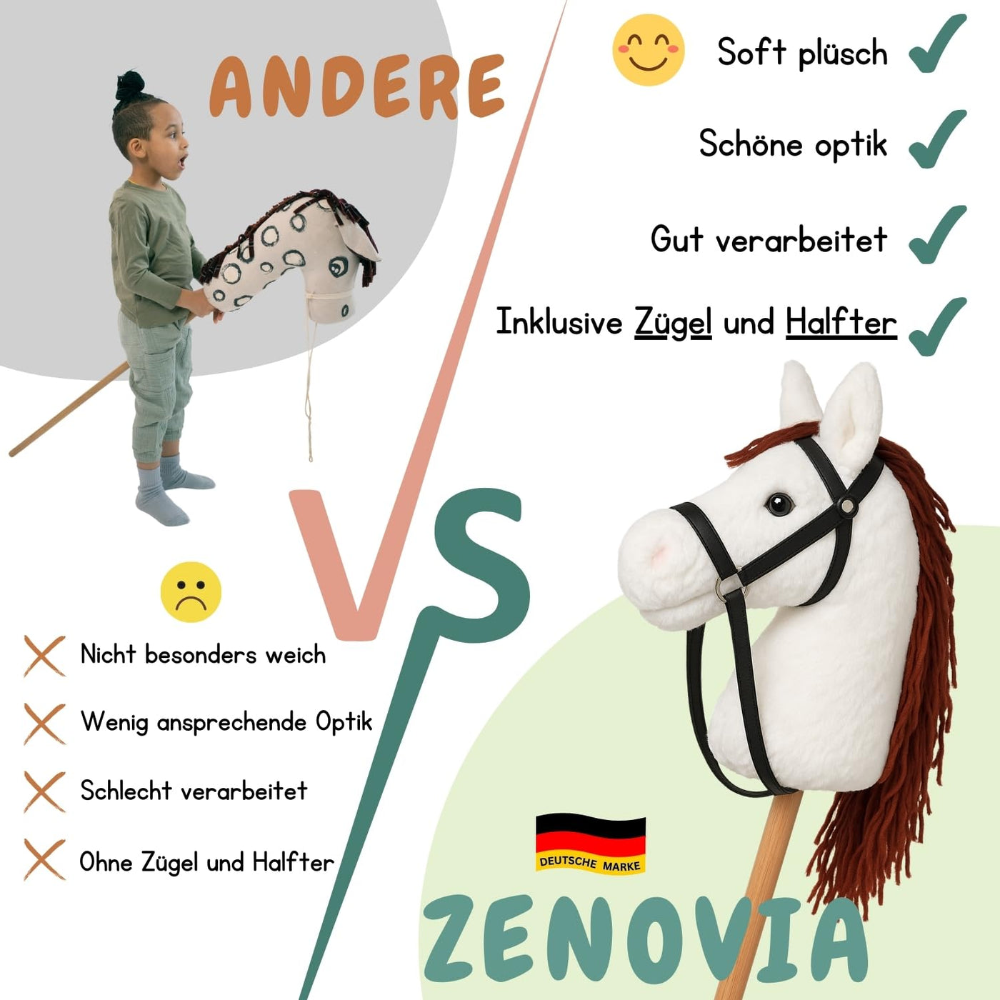 Zenovia Hobby Horse Steckenpferd Braun – Stockpferd für Kinder – ohne Räder & Griffe – Turniergeeignet – Abnehmbarer Stab – Geschenkverpackung – Reitspielzeug für drinnen & draußen