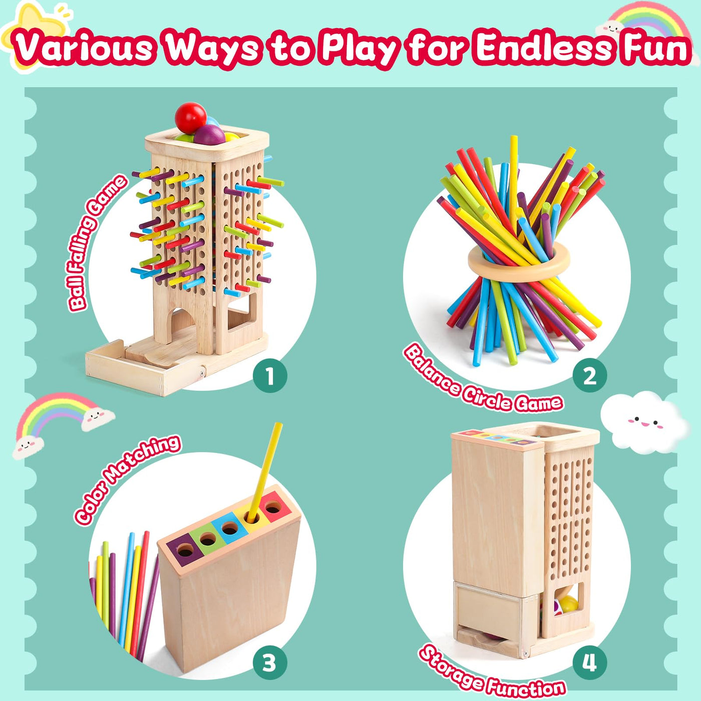 Akokie Montessori Spielzeug ab 3 Jahre Spiele ab 3 4 5 Jahren 3-IN-1 Brettspiele Lernspiele ab 4 Jahre mit 40 Holzstäbe, Aufbewahrungsbox Klassifizierung Farblernturm Kinderspiele Reisespiele Kinder