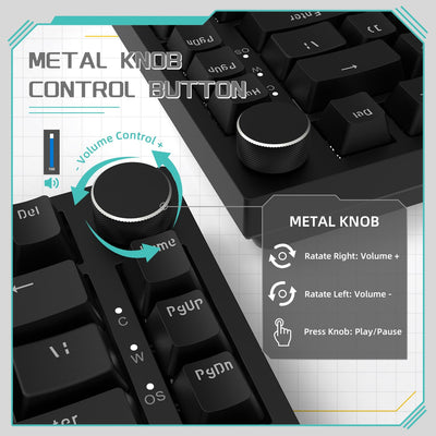 YINDIAO Ajazz AK820 Mechanische Tastatur mit Knopf,75% ANSI-Layout, 81 Tasten,Kabelgebundene Gaming-Tastatur,Verbesserte Dichtungsmontage,Roter Hot-Swap-Schalter,Eisweißes Licht,für PC,MAC (Schwarz)