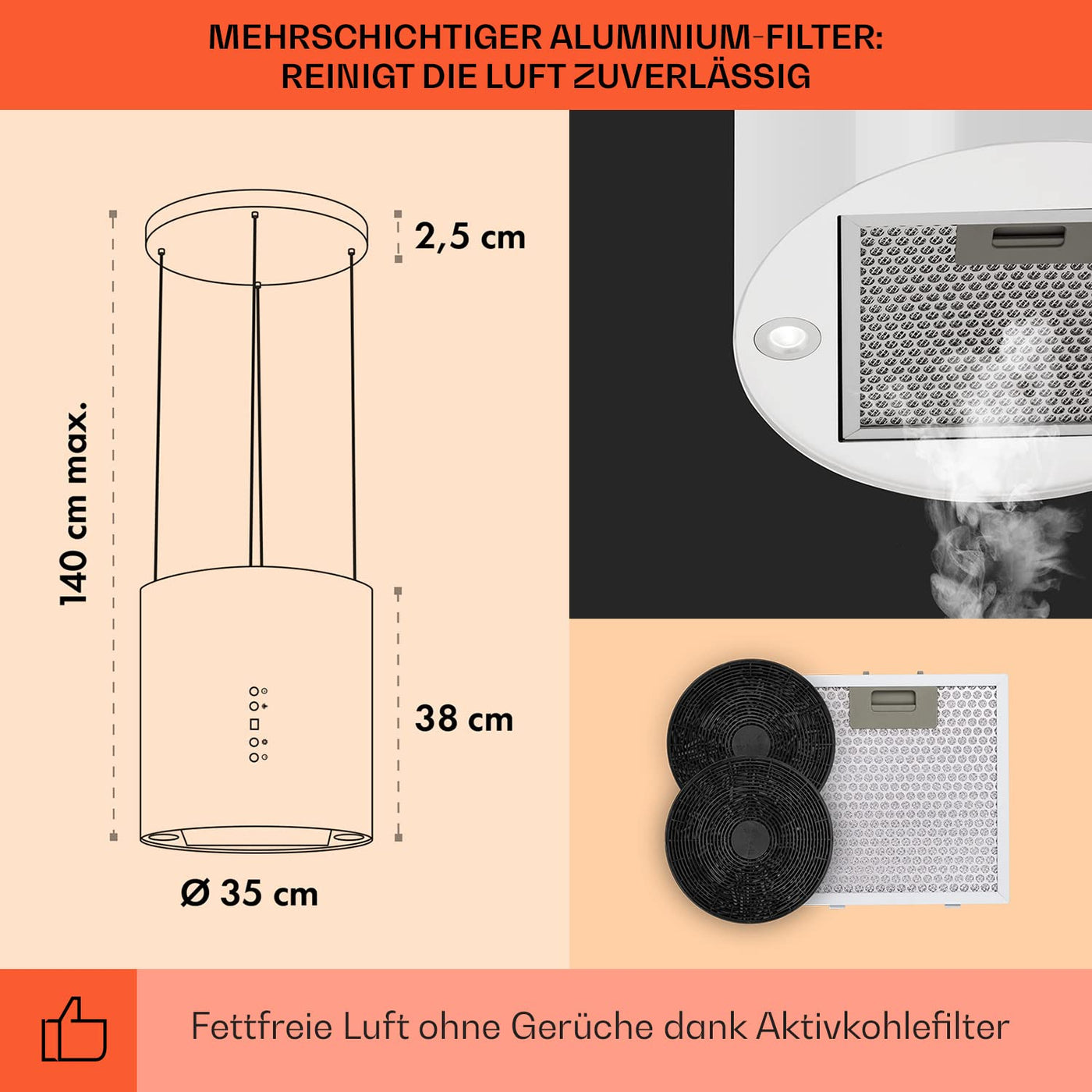 Klarstein Barett Inselabzugshaube - Dunstabzugshaube, Inselhaube, Ø 35cm, 190 W Motorleistung, max. 560 m³/h Umluftleistung, 3 Leistungsstufen, LED-Kochflächenbeleuchtung, Edelstahl, weiß