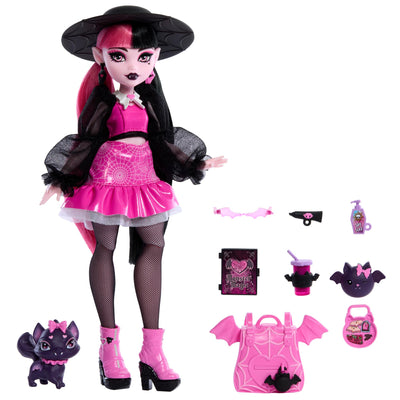 Monster High Draculaura-Puppe mit ihrem Haustier, der Fledermaus-Katze Count Fabulous, und Accessoires wie Rucksack, Zauberbuch, Bento-Box und mehr, HRP64