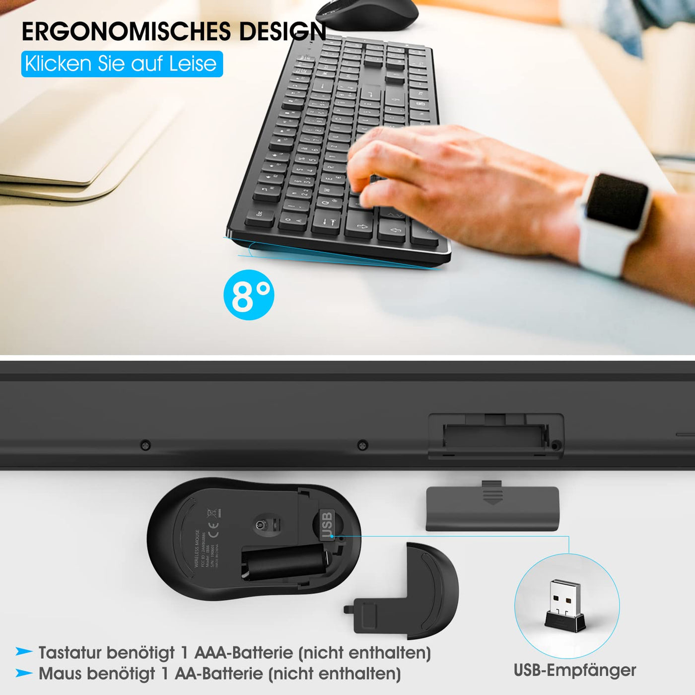 Tastatur Maus Kabellos, 2,4GHz Büro Maus Tastatur Set Kabellos mit USB, Tastatur in voller Größe, Leise Maus mit 1600DPI, für Windows, Desktop PC, Chromebook, Laptop, Computer(Deutsche/Schwarz)