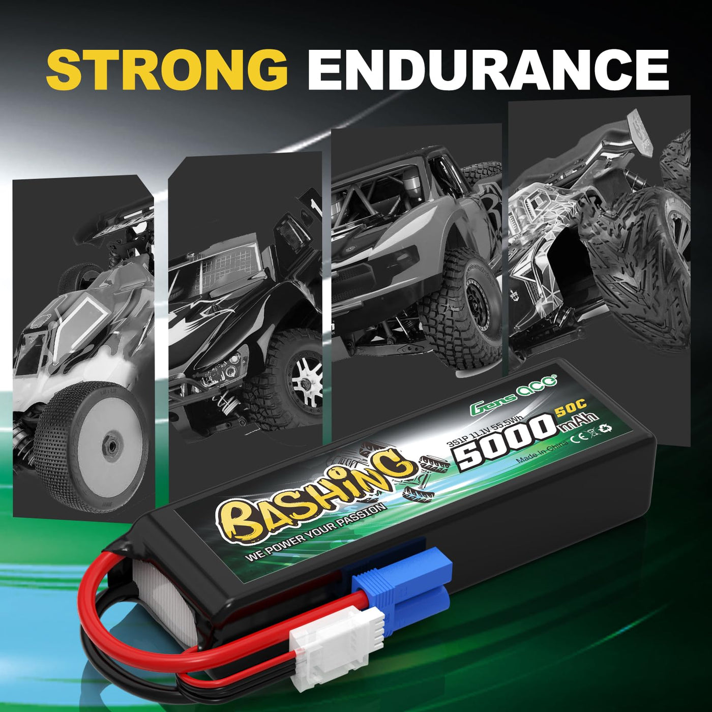 Gens ace 3S Lipo 5000mAh 11.1V 3S1P 50C Bashing Lipo Akku mit EC5 Stecker für die meisten RC-Autos im Maßstab 1/8, 1/10