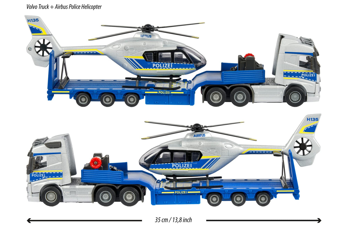 Majorette - Volvo Polizei-Transporter FH-16 (35 cm) – LKW mit Auflieger und Airbus Hubschrauber (25,5 Licht & Sound vielen Funktionen - Spielzeug-Set für Kinder ab 3 Jahren, 213716000, Einheitsgröße