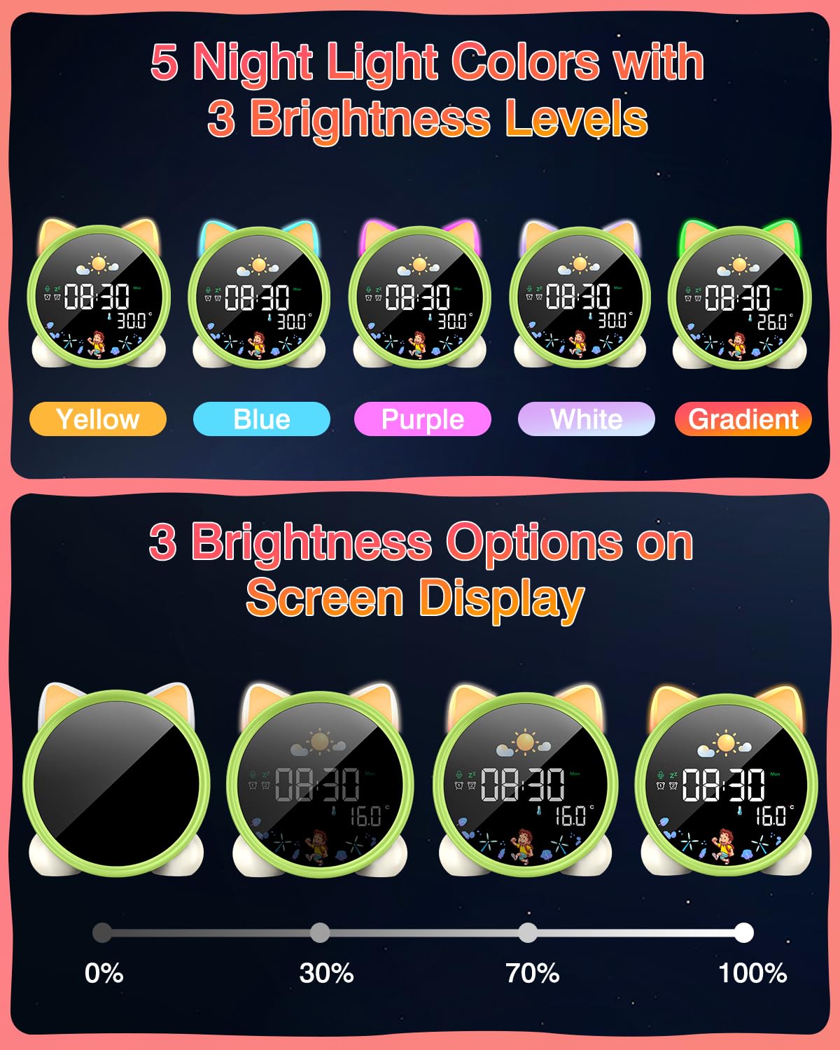 Lemnoi Wecker für Kinder, Kinder Schlaftrainer für Jungen und Mädchen, Batteriebetrieben Kinderwecker Lichtwecker mit Nachtlicht, Countdown, Snooze-Funktion, 3 Helligkeitsstufen und Buntem Licht
