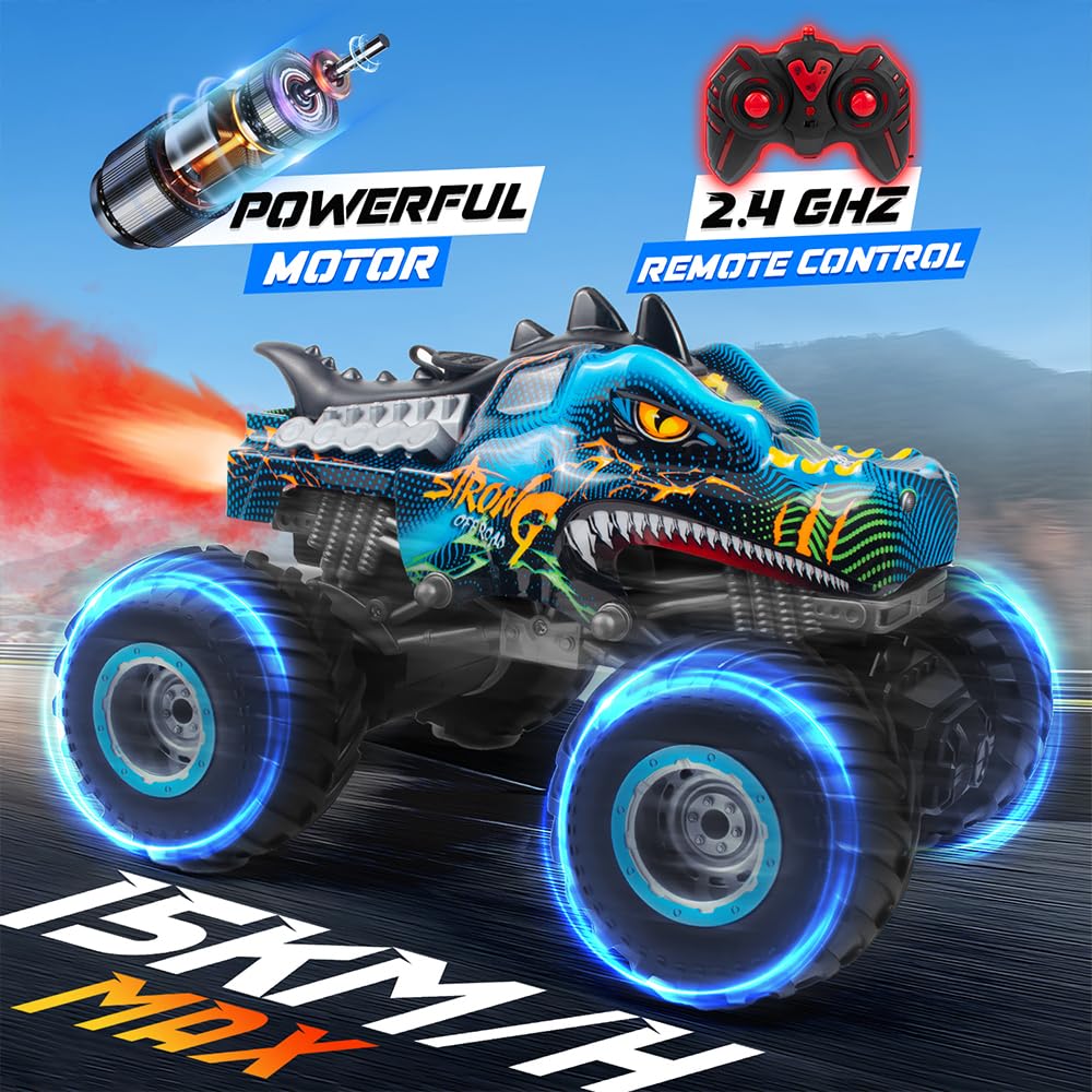 Rhybor Ferngesteuertes Auto Dinosaurier 1:16 Maßstab RC Monster Truck Fernbedienung Auto mit Sprühnebel-Musik-LED-Leuchten, 2,4 GHz 20 km/h RC Auto Spielzeug für Kinder ab 3 4 5 6 8 10 Jahre