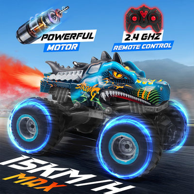 Rhybor Ferngesteuertes Auto Dinosaurier 1:16 Maßstab RC Monster Truck Fernbedienung Auto mit Sprühnebel-Musik-LED-Leuchten, 2,4 GHz 20 km/h RC Auto Spielzeug für Kinder ab 3 4 5 6 8 10 Jahre