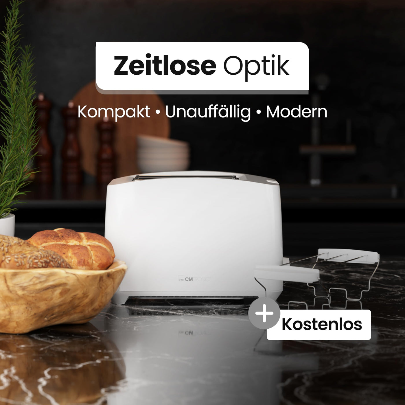 Clatronic® Toaster 2 Toastschlitze | Toaster mit Brötchenaufsatz | Toaster 2 Scheiben mit Liftfunktion | Toster mit Auftau- und Aufwärm-Funktion | für Brötchen und Toast | TA 3801 weiß