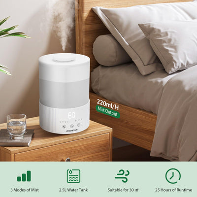 Aigostar Luftbefeuchter für Schlafzimmer, 2,5L Tank, individuelle Luftfeuchtigkeit, 25 Stunden Laufzeit, Öldiffusor, leise Ultraschall-Luftbefeuchter, 7 Farblichter
