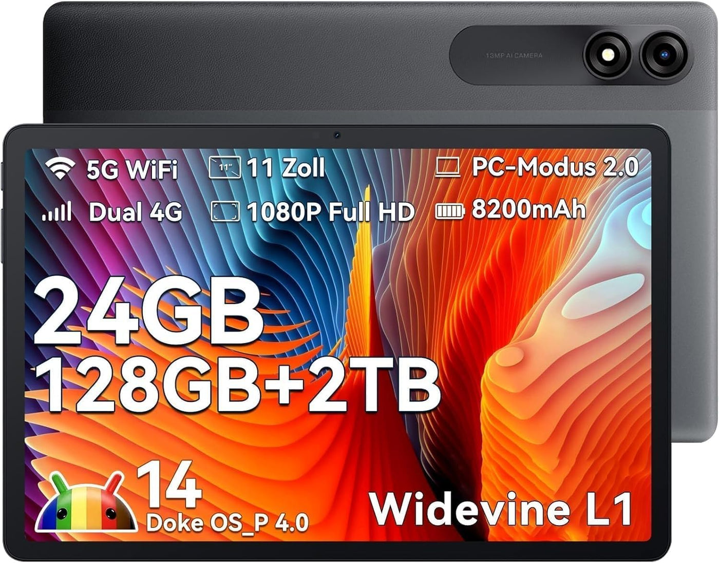 Blackview Tab 90 11 Zoll Tablet,24GB RAM+128GB ROM(2TB TF), 4G LTE+5G WiFi Android 14 Tablets PC,Octa-Core Gaming Tablet mit 8200mAh Akku,5MP+13MP,Dual Kamera,Tablets mit Widevine L1Face ID/GMS/GPS