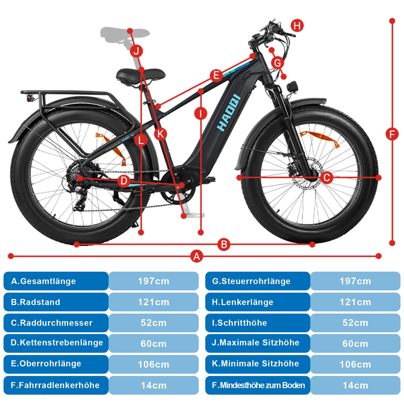 HAOQI Eagle Elektrofahrrad für Erwachsene, 250W bürstenloser Motor Mountainbike mit 48V 20AH herausnehmbarem Akku,26" x 4.0 Fat Tire Ebike, Elektrofahrrad mit 7 Gängen bis zu 25 km/h