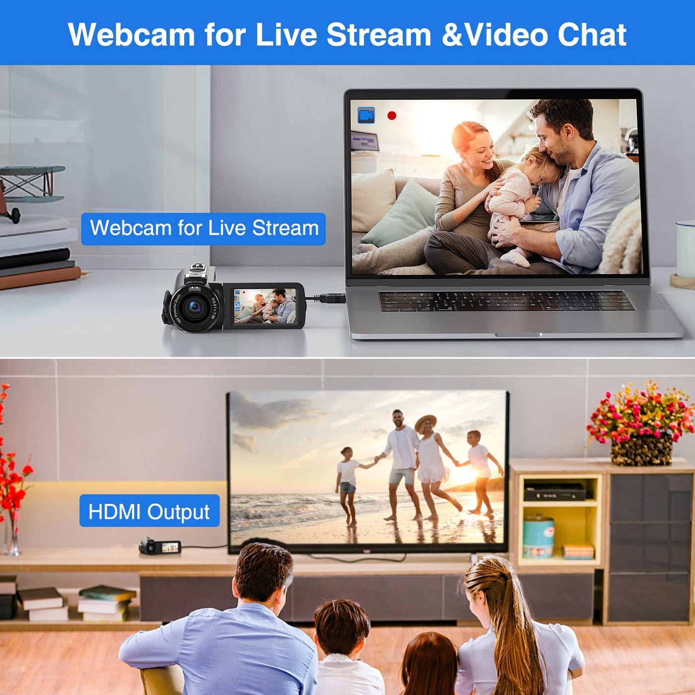 CAMKORY Videokamera 2.7K Camcorder 36MP 16X Digitalzoom IR-Nachtsicht 3.0'' Berühren Sie den IPS-Bildschirm Webcam Kamera für YouTube Tiktok mit 2 Batterien