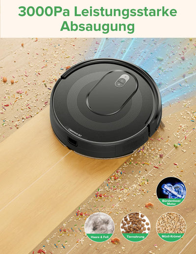 Vexilar W7 Saugroboter mit Wischfunktion 2 in 1, Staubsauger Roboter mit 3000Pa Saugkraft, 120Min Laufzeit Staubsaugerroboter, 3 Reinigungsmodi Roboterstaubsauger, Saugroboter Tierhaare und Hartböden