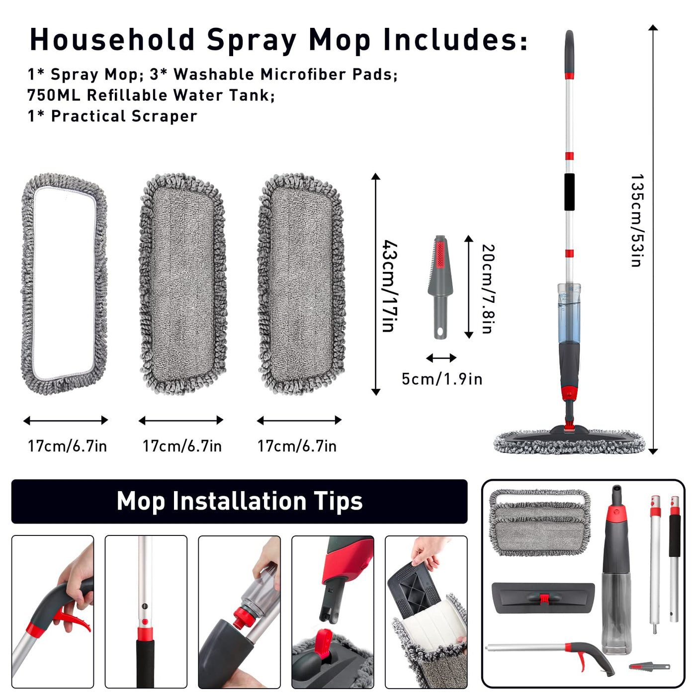 Homgif Sprühwischer 135CM Wischmopp mit Sprühfunktion, 750ML Spray Mop Bodenwischer mit Sprühfunktion, Home Küche Wischer Bodenreinigung mit 3 Aktualisiert Waschbaren Mikrofaserbezug