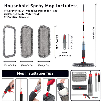 Homgif Sprühwischer 135CM Wischmopp mit Sprühfunktion, 750ML Spray Mop Bodenwischer mit Sprühfunktion, Home Küche Wischer Bodenreinigung mit 3 Aktualisiert Waschbaren Mikrofaserbezug