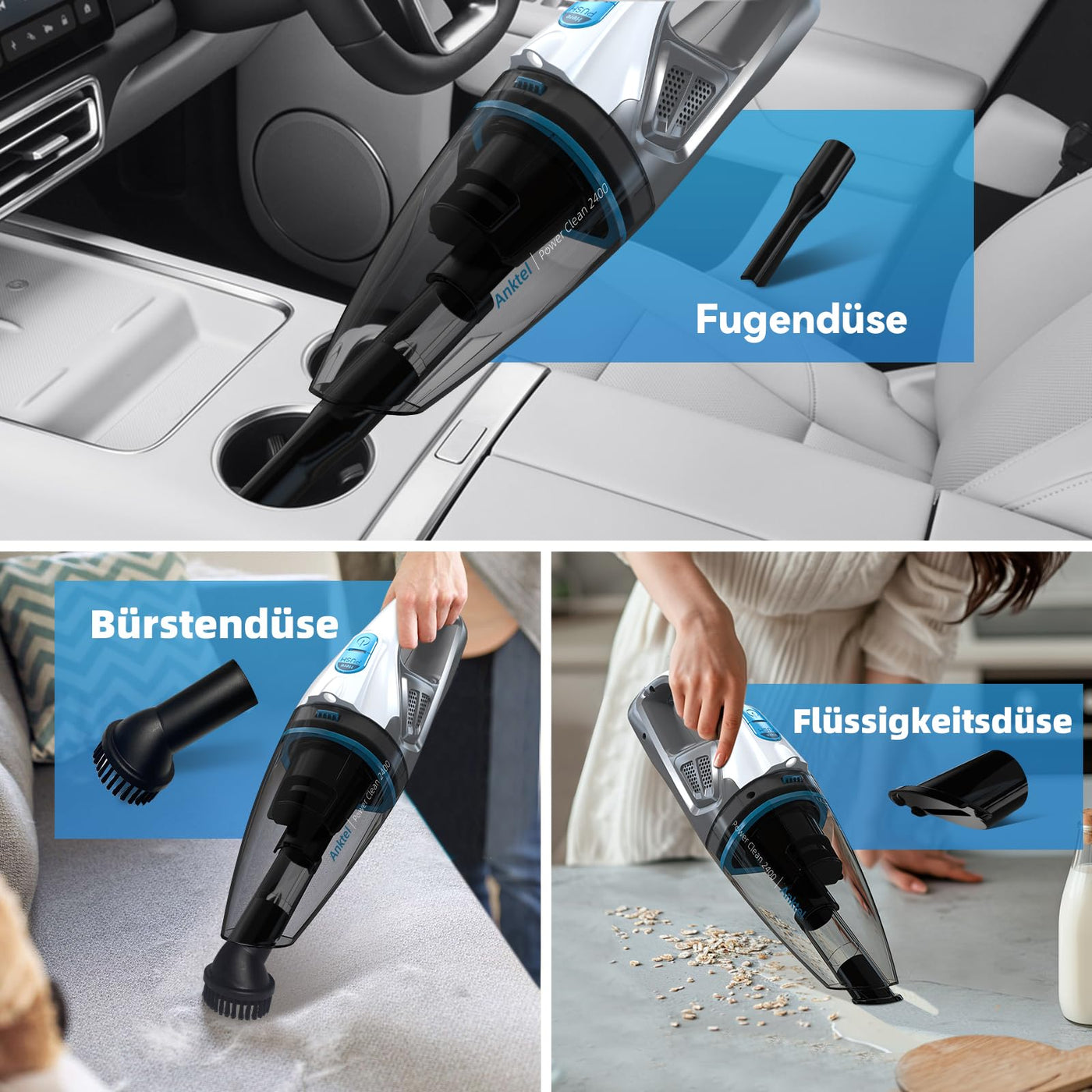 Anktel Handstaubsauger Testsieger 9000Pa mit LED Beleuchtung Handstaubsauger Akku Kabellos Nass&Trocken Handsauger mit Waschbar HEPA-Filter Beutellos per Auto, Haus -PowerClean 2400-