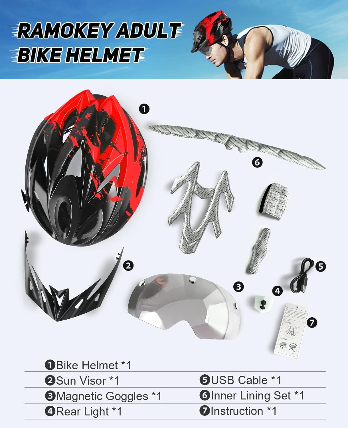 RaMokey Fahrradhelm Erwachsene mit Licht,Radhelm, Cityhelm Urban Fahrradhelm für Herren Damen mit Abnehmbarer Magnetische Schutzbrille Visier, Fahrrad Helm mit 18 Belüftungskanäle57-62cm (Red)