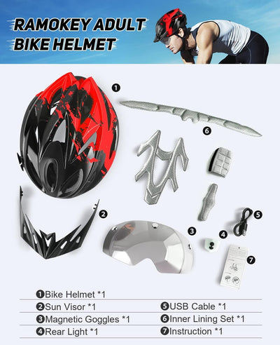 RaMokey Fahrradhelm Erwachsene mit Licht,Radhelm, Cityhelm Urban Fahrradhelm für Herren Damen mit Abnehmbarer Magnetische Schutzbrille Visier, Fahrrad Helm mit 18 Belüftungskanäle57-62cm (Red)