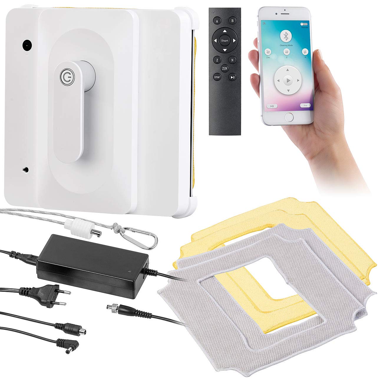 Sichler Haushaltsgeräte Fensterreinigungsroboter: Profi-Fensterputz-Roboter PR-040 mit Bluetooth, App & Sicherungs-Seil (Fenstersauger, Fensterputzroboter Akku, Fensterreinigung)