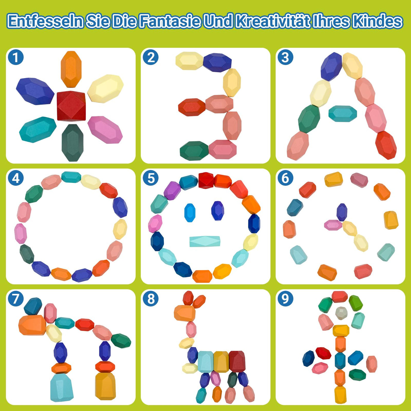 RunHero 58 Stück Stapelsteine Balanciersteine Montessori Holz Bauklötze Spielzeug für Kinder Stapelturm Grimms Holzbausteine Stapelsteine Motorikspielzeug Geschenk für Baby ab 1 2 3 4 5 6 7 8 Jahr