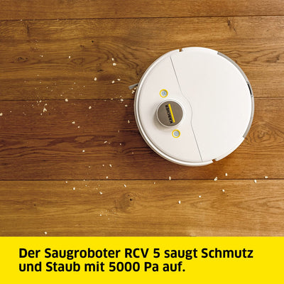 Kärcher Saugroboter RCV 5 mit Wischfunktion, App-Steuerung, LiDAR-Laser-Navigation, Dual-Laser und KI, Kartierung, Raum- und Hinderniserkennung, 5000 Pa, 120 min Laufzeit, für Hartböden und Teppiche