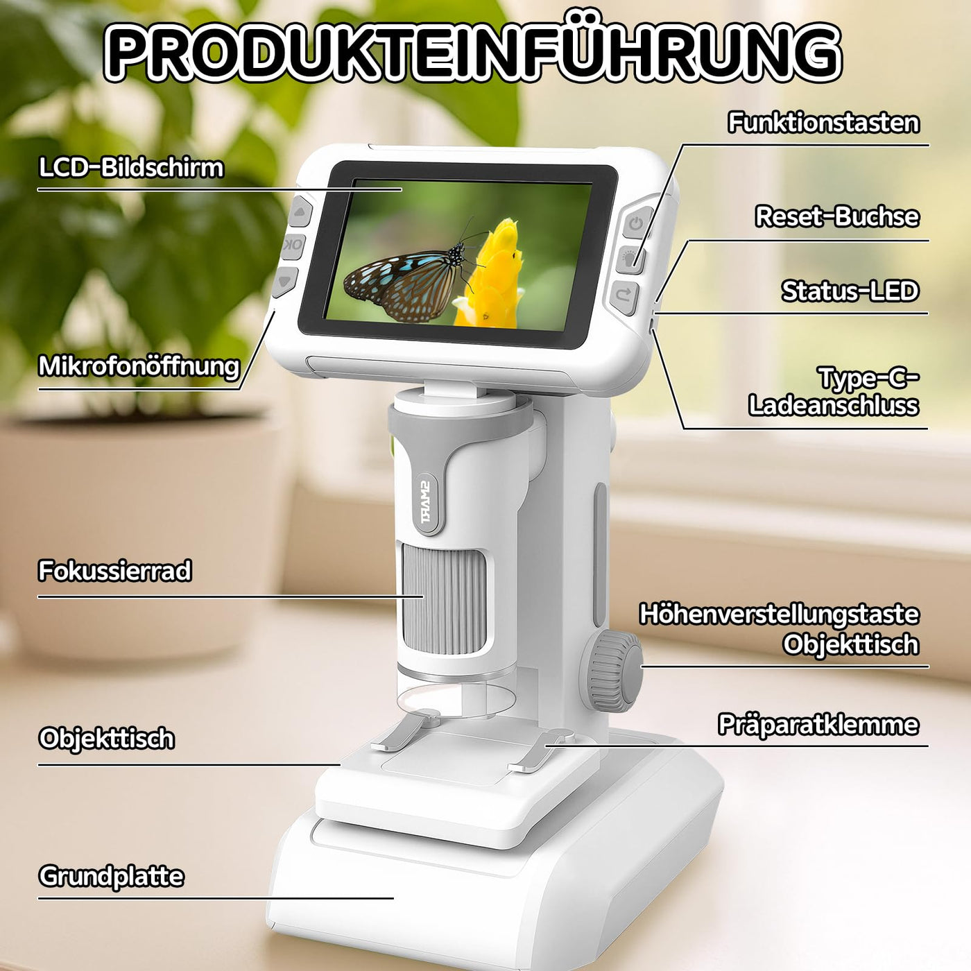 Charmofun Mikroskop für Kinder, Digitales Mikroskop mit 4 Zoll LCD-Display und 1600X Große Vergrößerung, Microscope for Kids mit 64GB Speicherkarte, Foto-und Videoaufnahme, Hand-und Stativfunktion