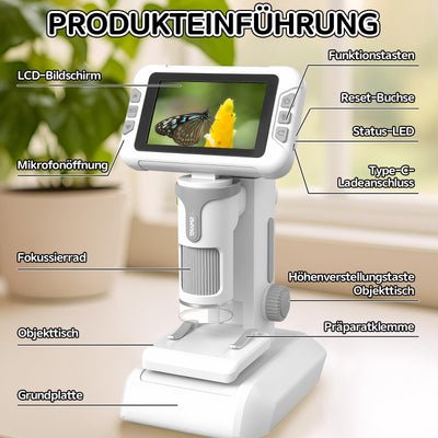 Charmofun Mikroskop für Kinder, Digitales Mikroskop mit 4 Zoll LCD-Display und 1600X Große Vergrößerung, Microscope for Kids mit 64GB Speicherkarte, Foto-und Videoaufnahme, Hand-und Stativfunktion