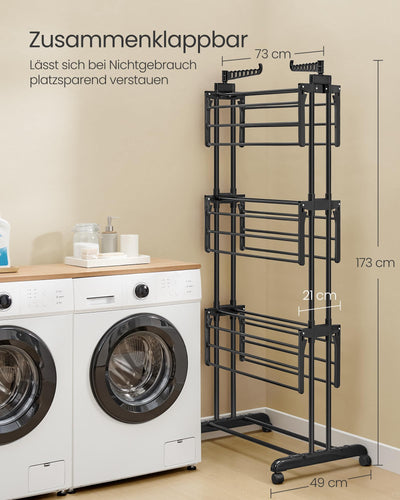 SONGMICS Wäscheständer, Standtrockner 4 Ebenen, Flügelwäscheständer, klappbare Flügel, mit Rollen, 63,5 x 128 x 173 cm, groß, einfacher Aufbau, für Innen- und Außenbereich, tintenschwarz LLR701B01
