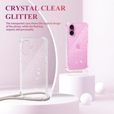 Tikgue Handykette für iPhone 16 Hülle mit Band, Handyhülle mit Kordel zum Umhängen Schutzhülle mit Kette Glitzer Transparent Weich TPU Silikon Bumper - Roségold