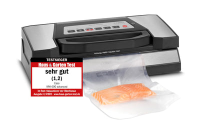 CASO VRH 690 advanced Vakuumierer Testsieger, Vakuumiergerät für Lebensmittel, 150 Vakuumiervorgänge nonstop, doppelte Schweißnaht, 20 Liter/Min, Cutter, inkl. 2 Profi- Folienrollen