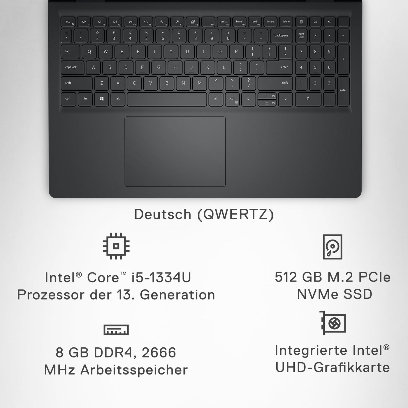Dell Inspiron 15 3530 Laptop 15.6 Inch FHD 120Hz Display, Intel Core i5-1334U, 8GB RAM DDR4, 512GB SSD, Intel UHD Graphics, Windows 11 Home, German QWERTZ Keyboard, Carbon Black