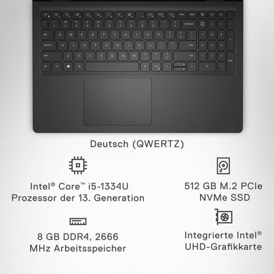 Dell Inspiron 15 3530 Laptop 15.6 Inch FHD 120Hz Display, Intel Core i5-1334U, 8GB RAM DDR4, 512GB SSD, Intel UHD Graphics, Windows 11 Home, German QWERTZ Keyboard, Carbon Black