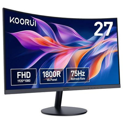 KOORUI Curved Monitor - 27 Zoll FHD Curved Computer Monitor, VA-Panel, 75Hz, Krümmung 1800R, Neigungsverstellung, Augenpflege, HDMI, VGA Gaming Monitor, Schwarz