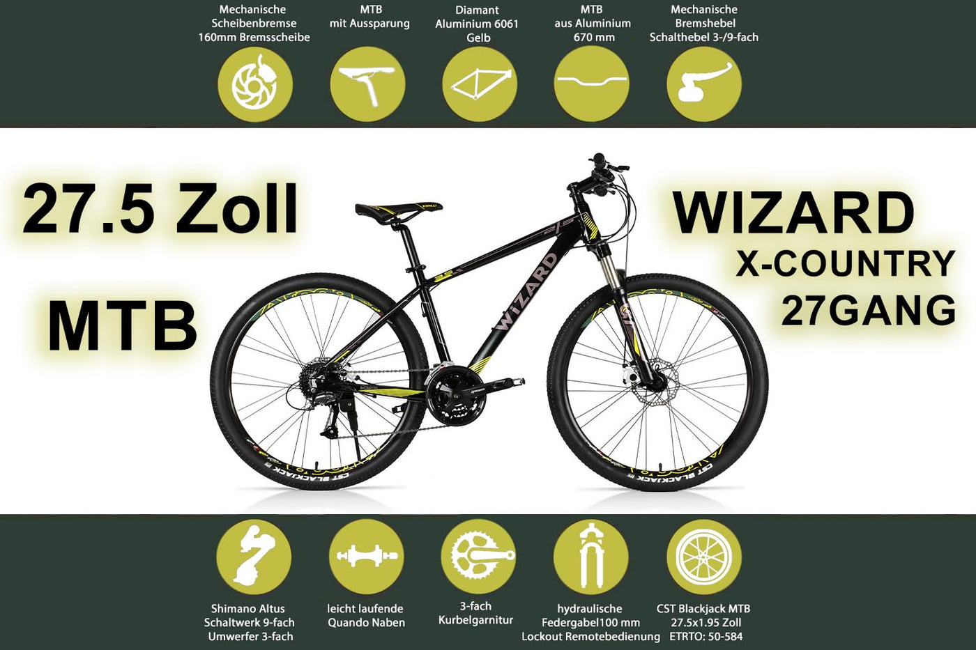 Wizard X-Country 3.5 Fahrrad Erwachsener Männlich Mountainbike Deore 27 Gang MTB CC Cross |27.5 Zoll Gelb (Rahmengröße: 54cm/21Zoll)