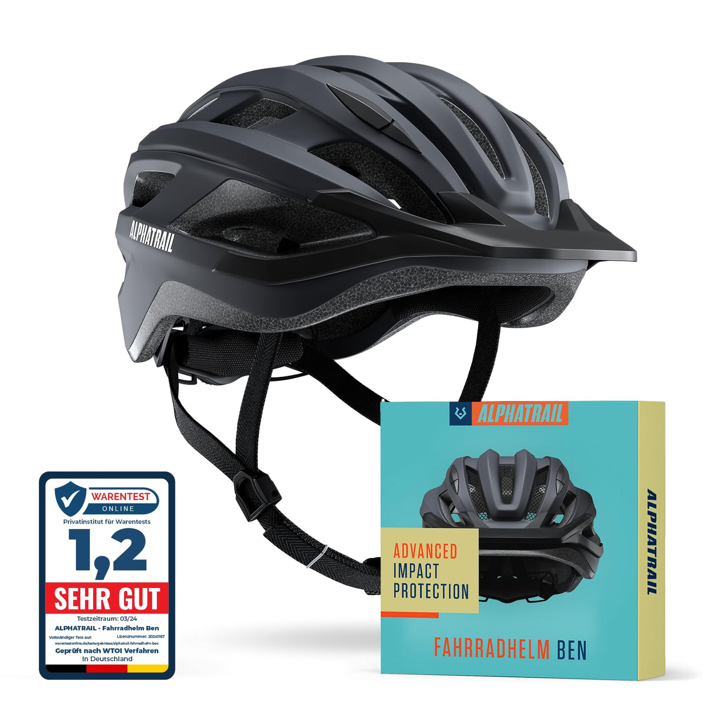 Alphatrail Fahrradhelm Ben - Sicher, Komfortabel & Leicht - Größe 55-61cm Schwarz - Allround, MTB, Trekking, City & E-Bike - Atmungsaktiver Fahrrad Helm Damen & Herren mit Insektenschutz, Kinnpolster