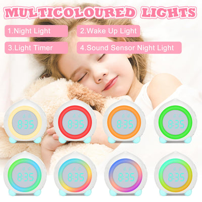 Ayybboo Kinderwecker Digitaler,Wecker Digital Sonnenaufgangssimulator Kinderwecker für Mädchen Jungen mit Bunte Lichter Leiser Wecker Ohne Ticken Schlafzimmer (Weiß)
