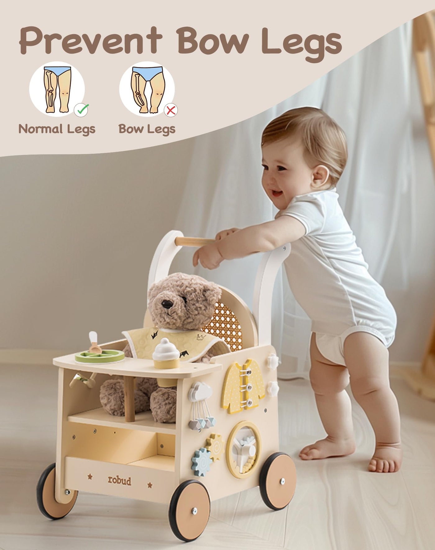 ROBUD Holz lauflernhilfe Baby Walker, 2-In-1 Puppe Lauflernwagen mit Montessori Busy Activity Board für Motorik, Sicherheitsbremse Spielzeug Laufwagen, Geschenk für Kleinekinder ab 10 Monate+