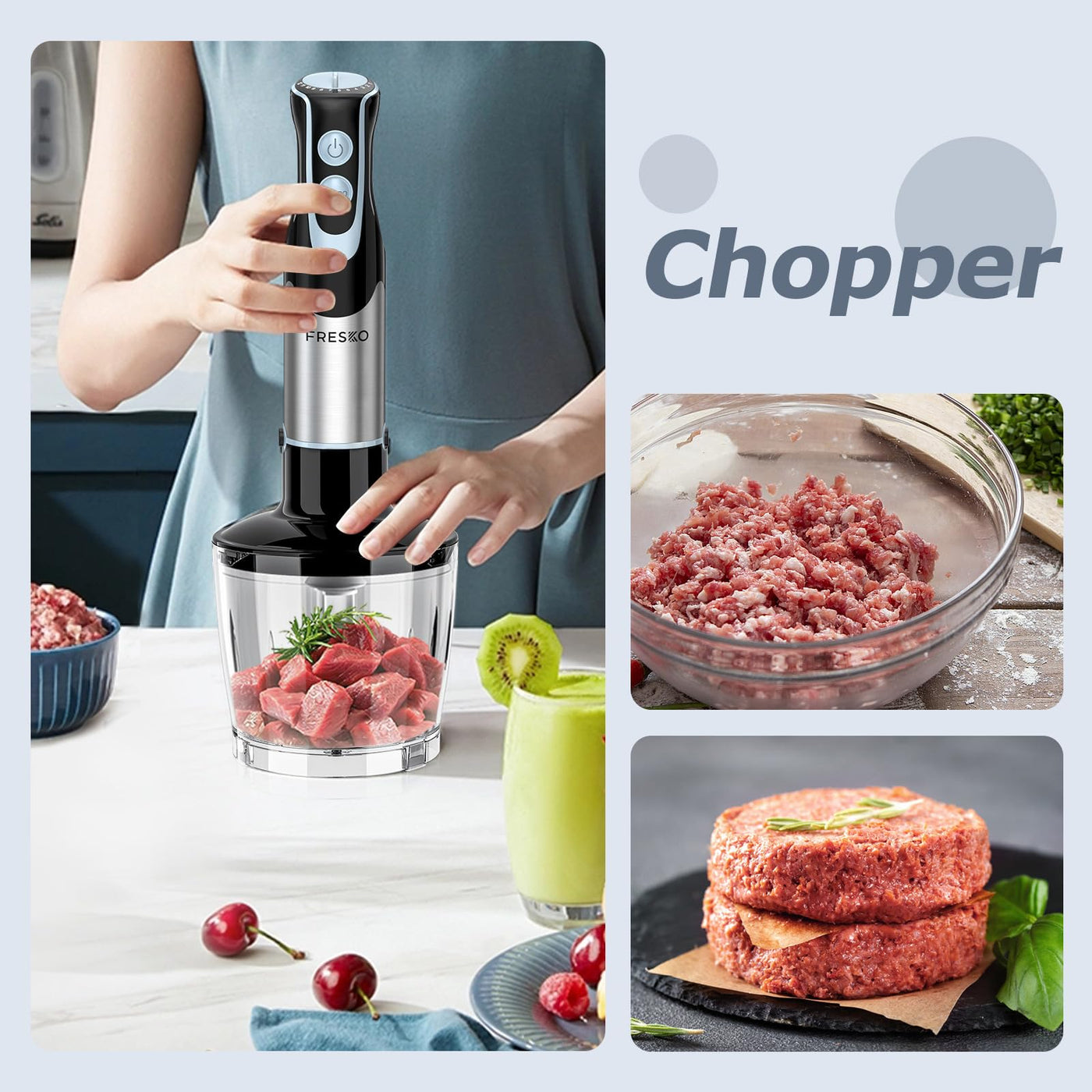 FRESKO 4-in-1 Stabmixer Edelstahl, 1000W Pürierstab mit 12 Geschwindigkeiten und Turbo-Modi, Inklusive Schneebesen, 500ml Lebensmittelhacker und 700ml Messbecher, für Babynahrung, Suppe, Smoothies