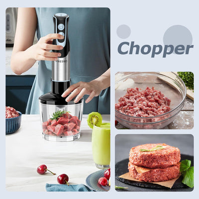 FRESKO 4-in-1 Stabmixer Edelstahl, 1000W Pürierstab mit 12 Geschwindigkeiten und Turbo-Modi, Inklusive Schneebesen, 500ml Lebensmittelhacker und 700ml Messbecher, für Babynahrung, Suppe, Smoothies
