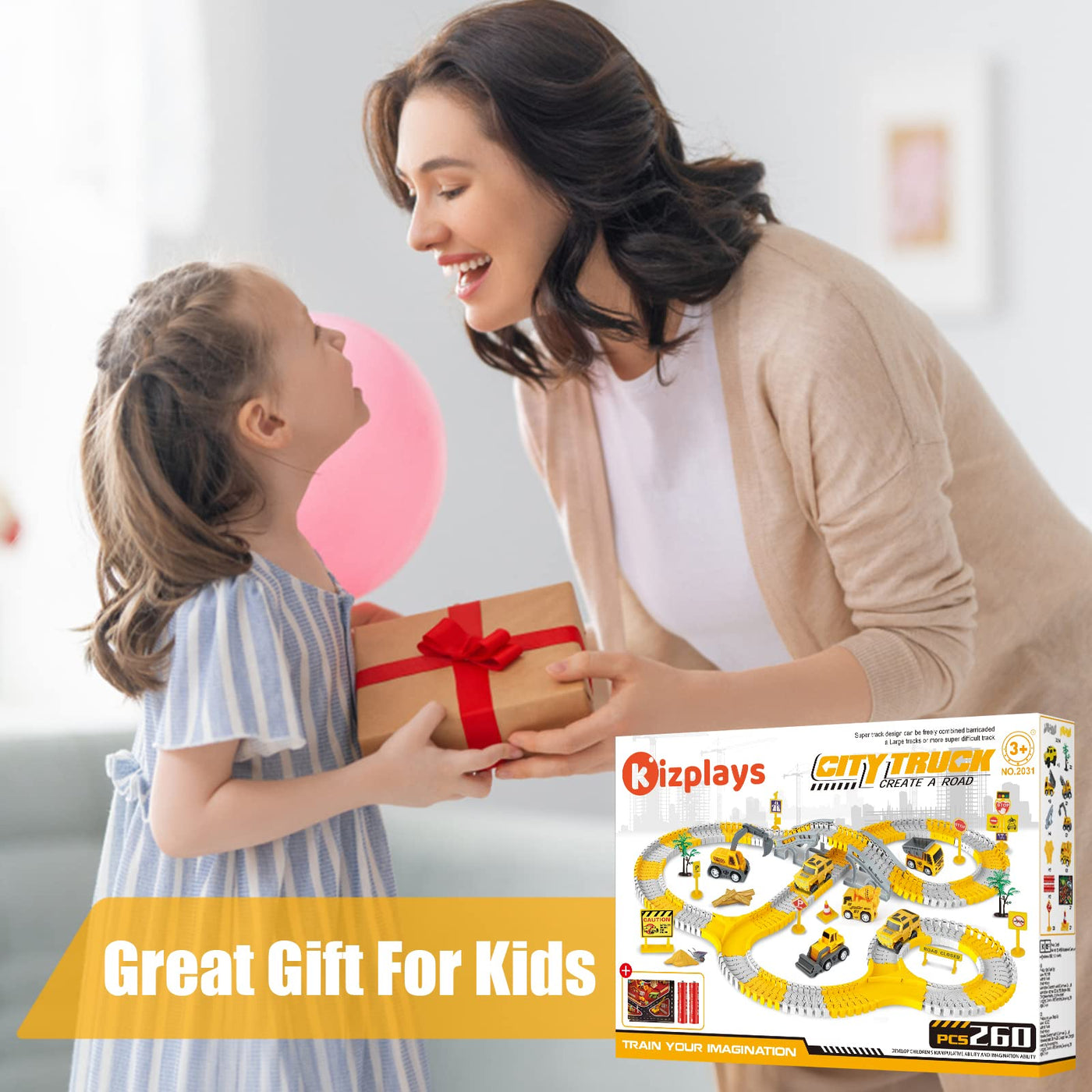 Kizplays 260pcs Autorennbahn Rennbahn 6 Cars Bagger Spielzeug ab Spielzeugautos Autobahn ab 3 4 5 6 Jahre Junge Mädchen,Flexible Track Kran Spiele, Elektroauto Cars Autorennbahn für Kinder Geschenk