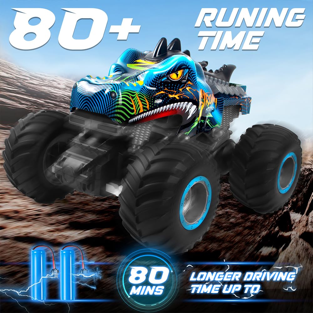 Rhybor Ferngesteuertes Auto Dinosaurier 1:16 Maßstab RC Monster Truck Fernbedienung Auto mit Sprühnebel-Musik-LED-Leuchten, 2,4 GHz 20 km/h RC Auto Spielzeug für Kinder ab 3 4 5 6 8 10 Jahre